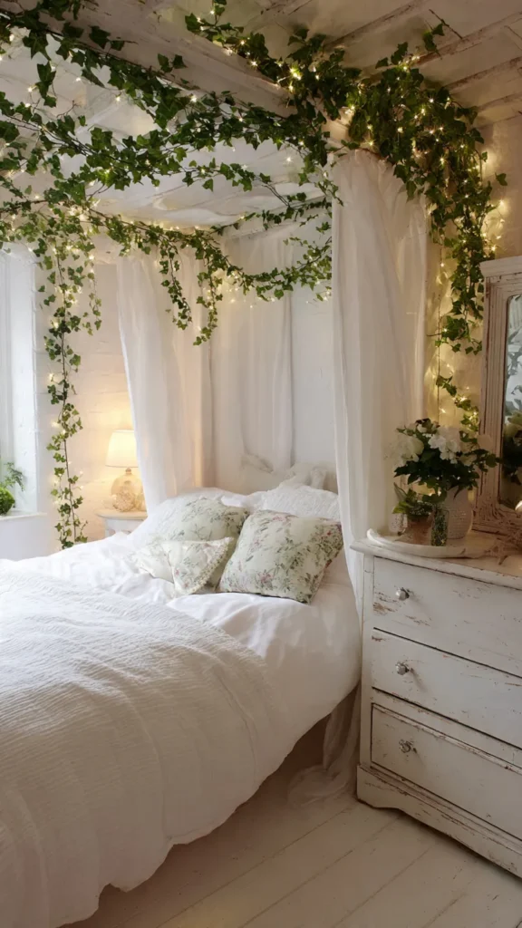 15 Enchanting Vine Canopy Bedroom Ideas with Fairy Lights & Vintage Decor 9 yd8