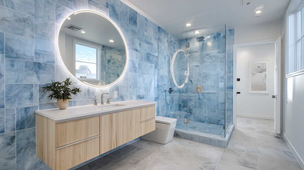 zainy A bright modern bathroom showcasing elegant blue tile w e04d471c 20a4 452d 92c1 53f124b4860c 0 1